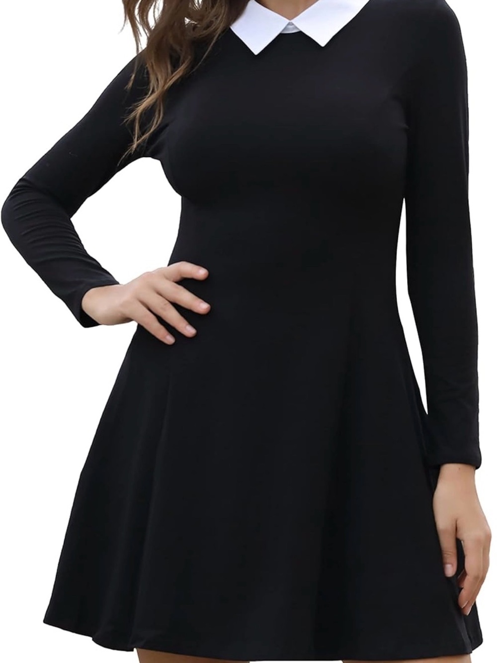 Classic Black Long-Sleeve Dress with White Collar - Picture 6 of 7